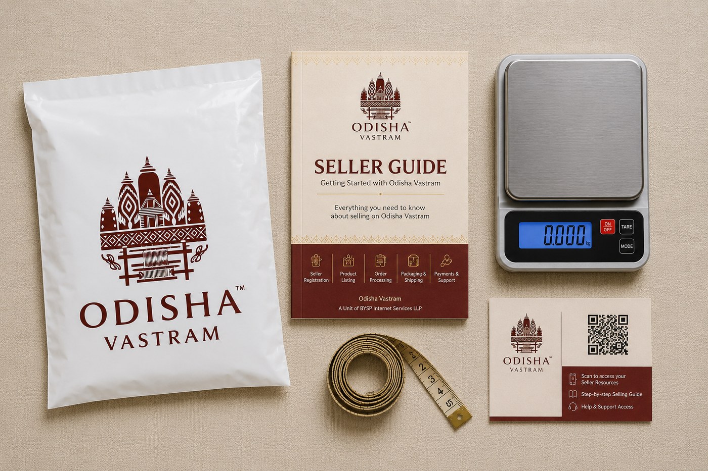 Odisha Vastram Welcome Kit — courier bags, seller guide, weighing scale and measuring tape